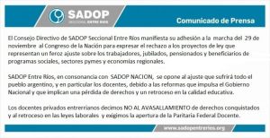 Lee más sobre el artículo SADOP Entre Ríos manifiesta su adhesión a la marcha del 29 de noviembre.